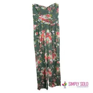 BOG Collective Women's Smocked Jumpsuit Green Floral Boho Wide Leg Cotton Size L
